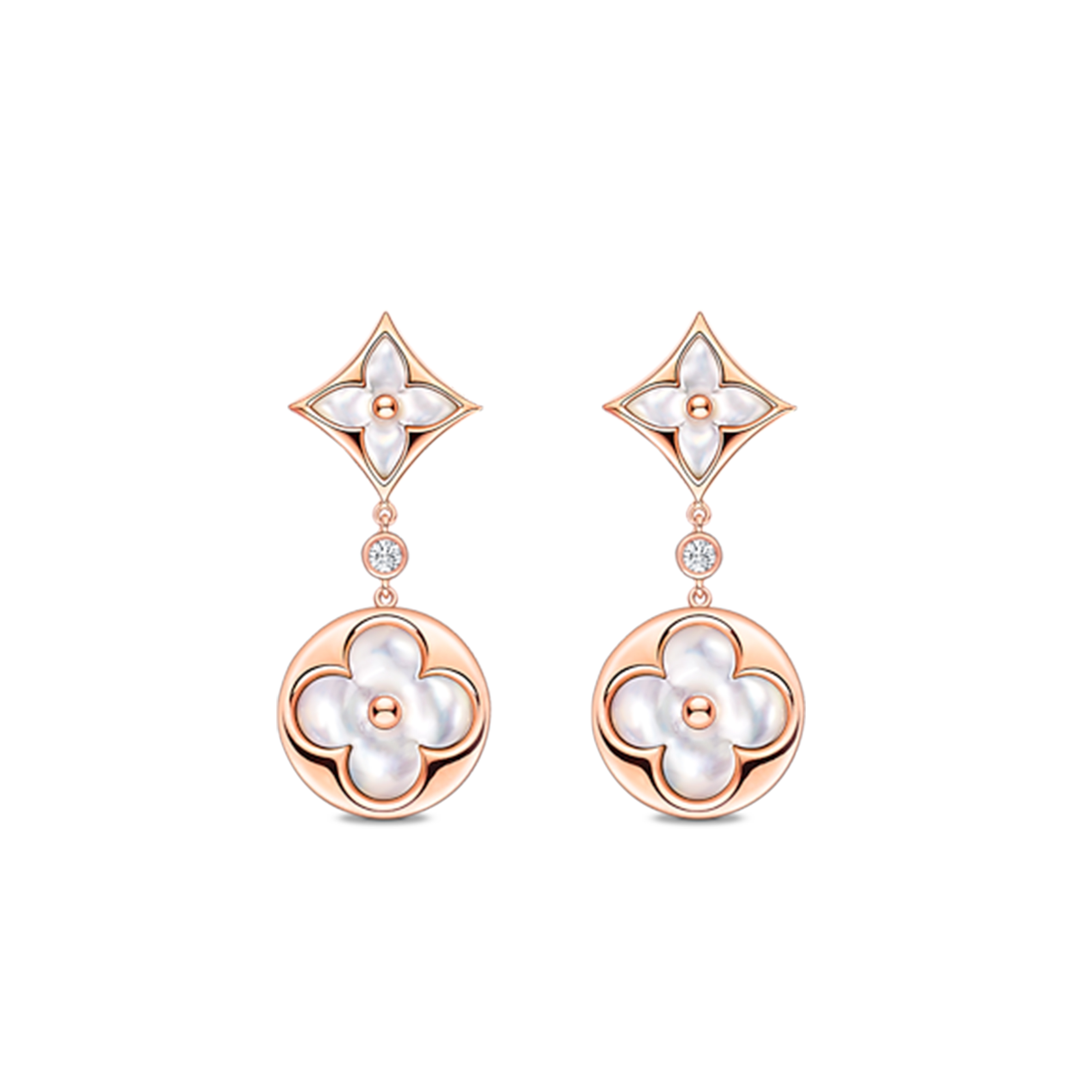 LOUIS VUITTON COLOUR BLOSSOM LONG EARRINGS, PINK GOLD, WHITE MOTHER-OF-PEARL AND DIAMONDS Q96668